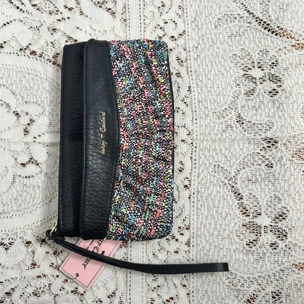NWT Juicy Couture Wristlet Clutch Colorful Tweed Black Leather‎